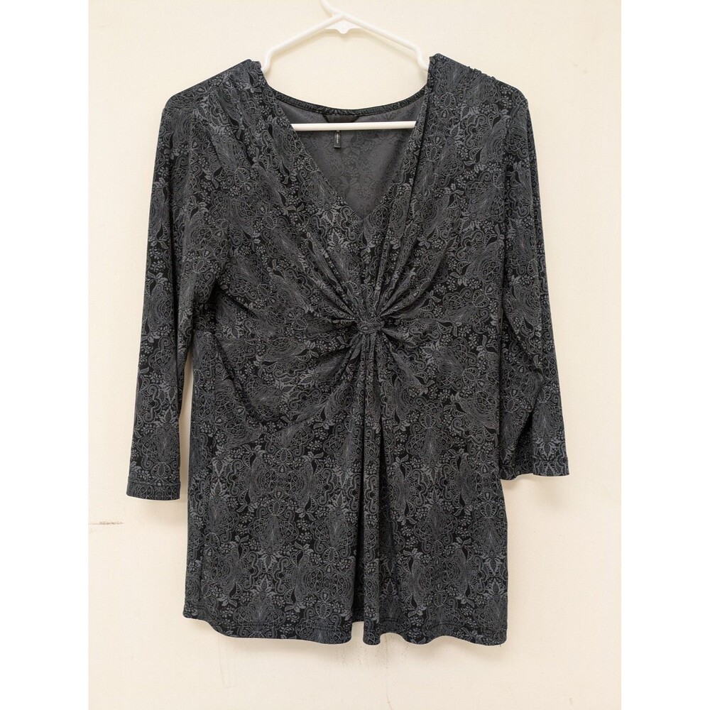 Maternity Tunic Top M Black Gray Floral Fit & Flare 3/4 Sleeve V-Neck Blouse